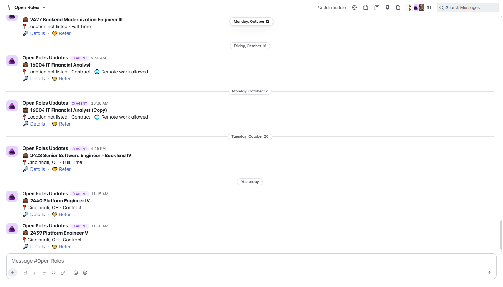 The #open-roles channel in Smartfire, with an agent member posting new roles